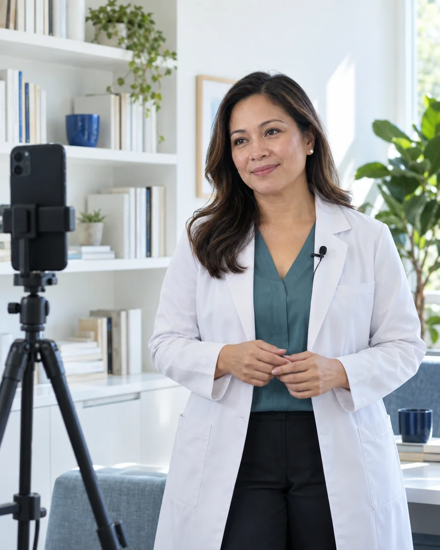 Illustrative physician recording a short educational video in her clinic