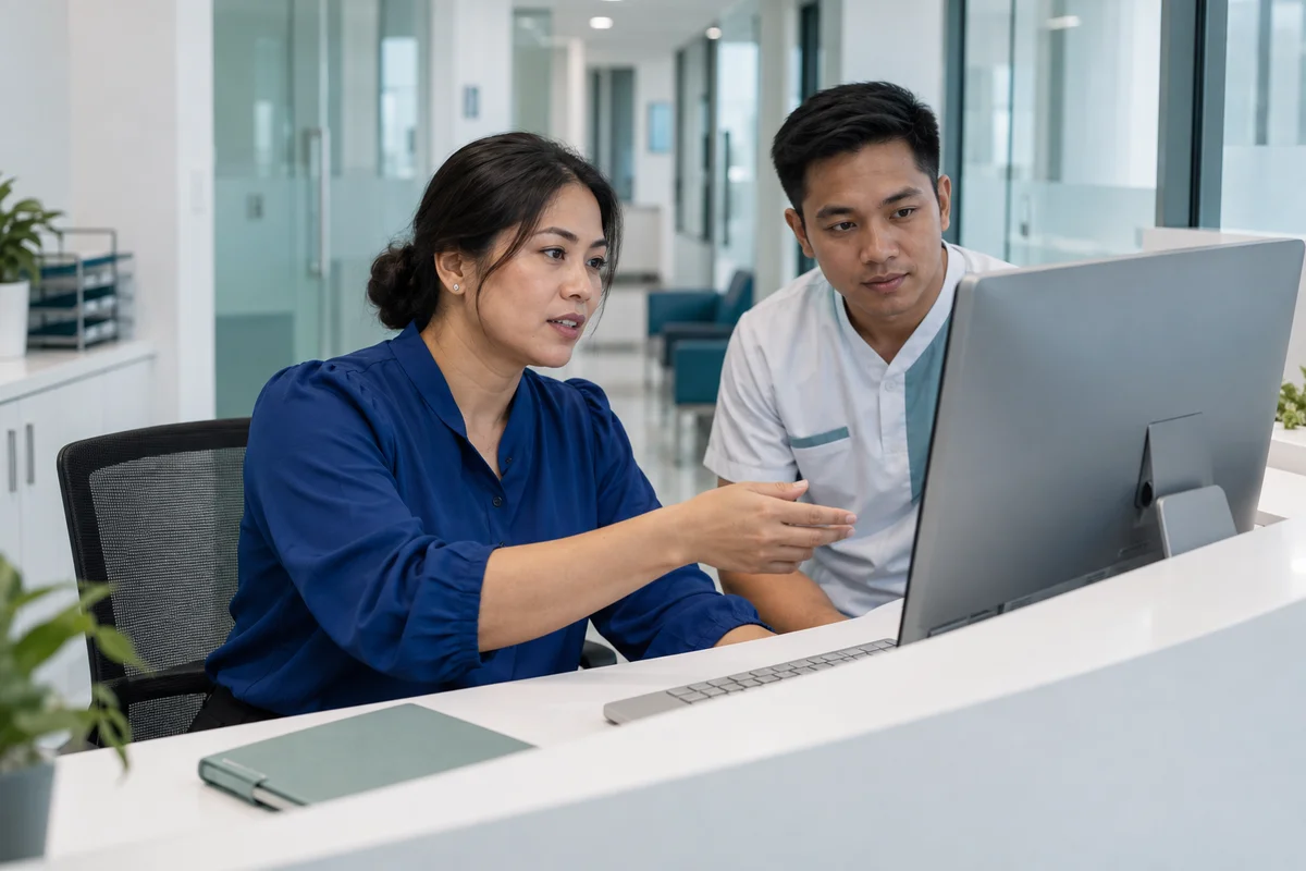 Illustrative clinic manager and receptionist coordinating at the front desk